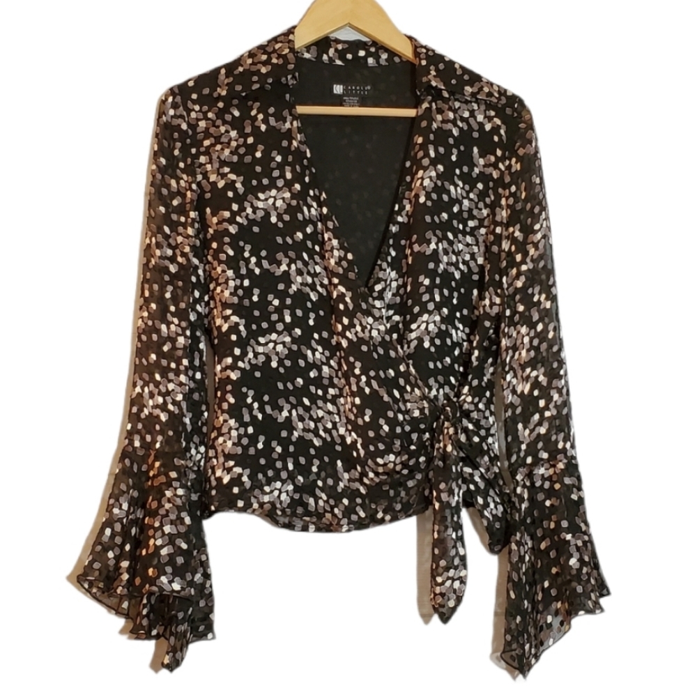 Silk wrap tie waist blouse black size small